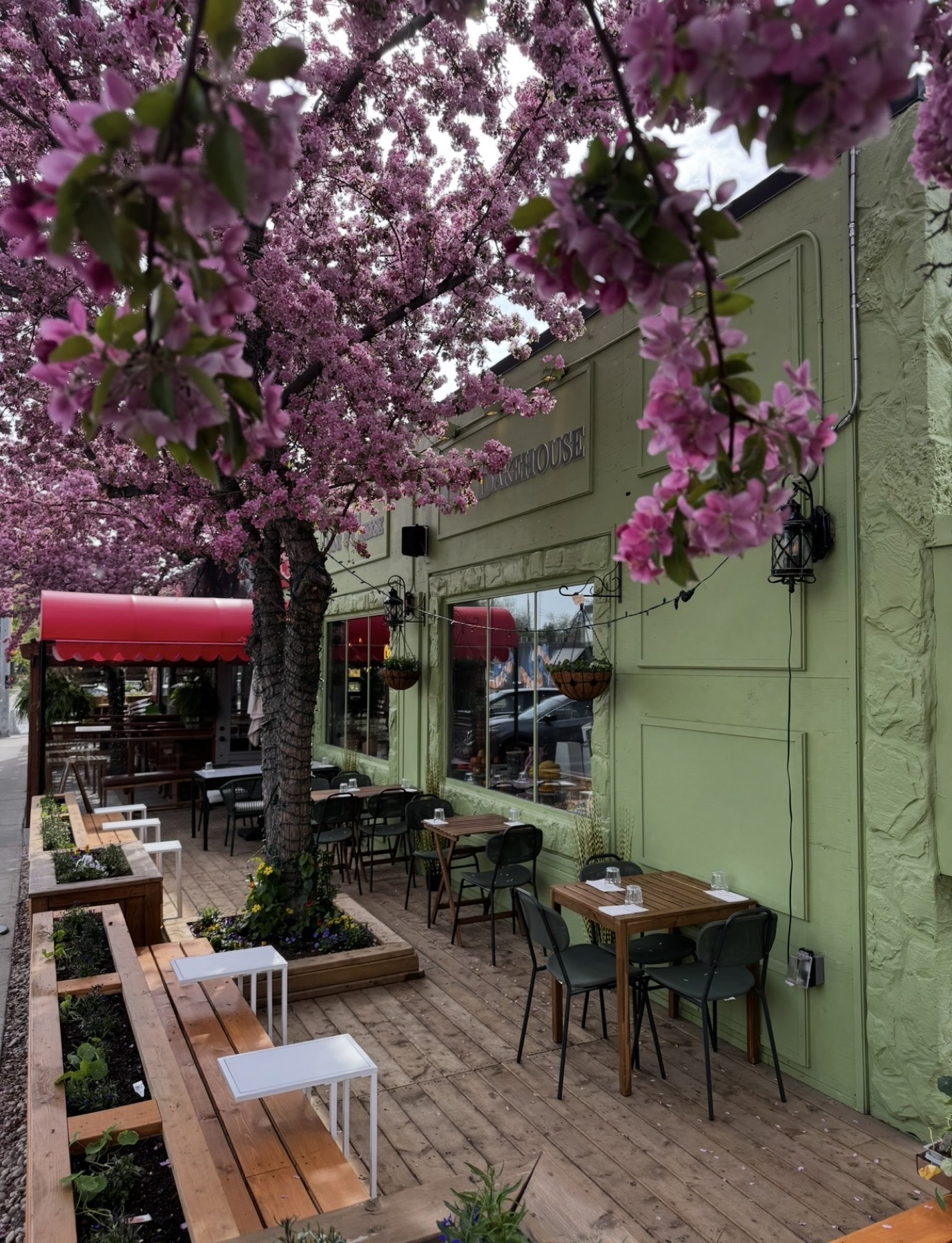 Sidewalk patio under a blossoming crabapple tree beside the green Bakehouse storefront
